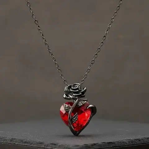 Unisex Street Style Heart Shaped Pendant Necklace, Trendy Rose Design Pendant Necklace, Fashionable Gothic Mystery Jewelry for Men & Women, Ideal Gifts, Charm Necklace, Love Heart Necklace, Hearts Pendant Necklace
