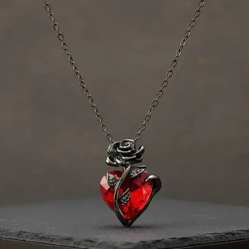 Unisex Street Style Heart Shaped Pendant Necklace, Trendy Rose Design Pendant Necklace, Fashionable Gothic Mystery Jewelry for Men & Women, Ideal Gifts, Charm Necklace, Love Heart Necklace, Hearts Pendant Necklace