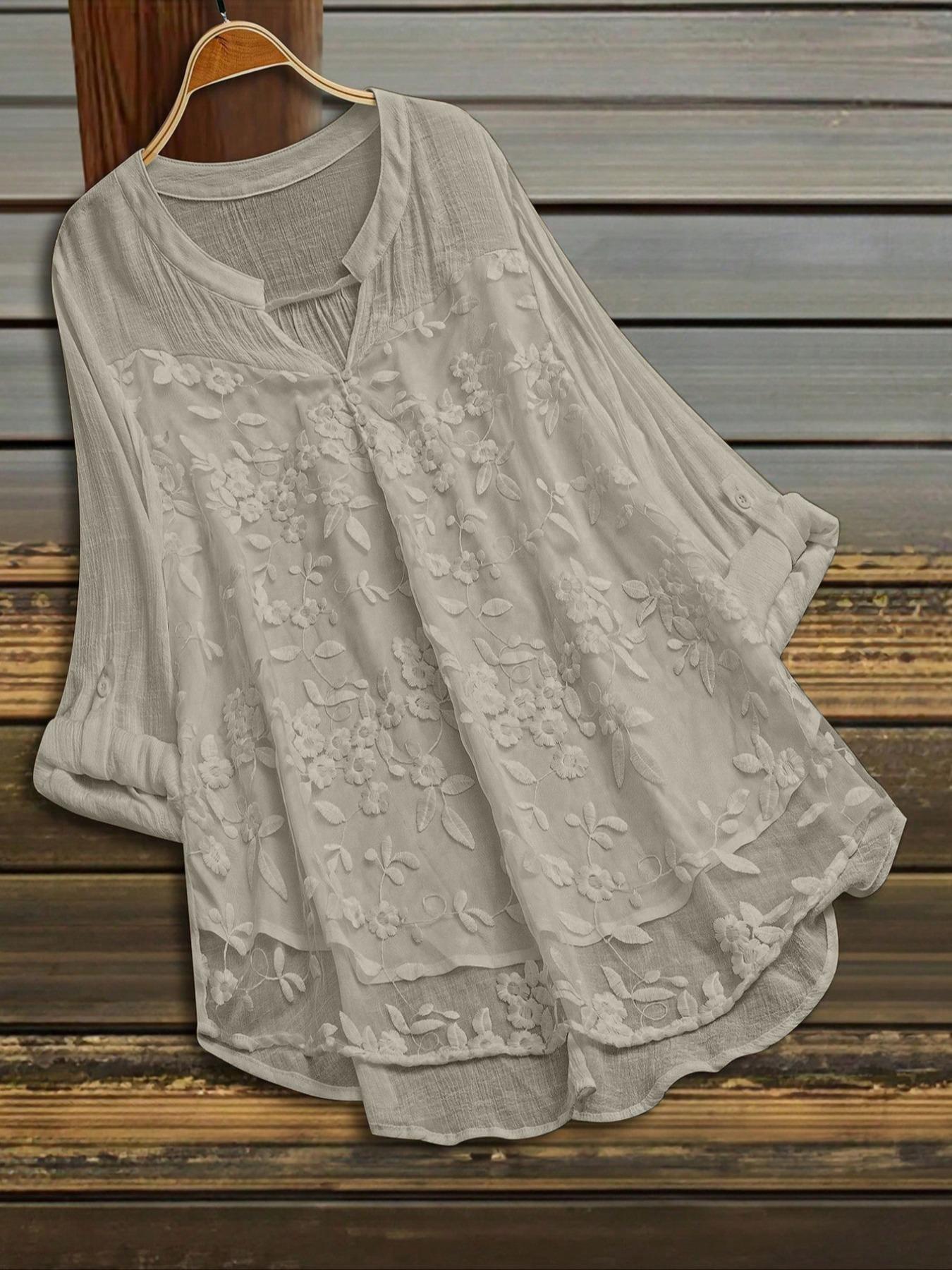 Plus Size Solid Color Long Sleeve V Neck Casual Shirt Blouse, Fashionable Comfortable Fit for Daily Wear, Perfect for Layering and Leisure