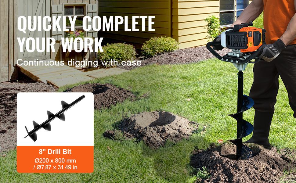 VEVOR Post Hole Digger Gas Powered 52CC 1450W Earth Auger with 8' Drill ...