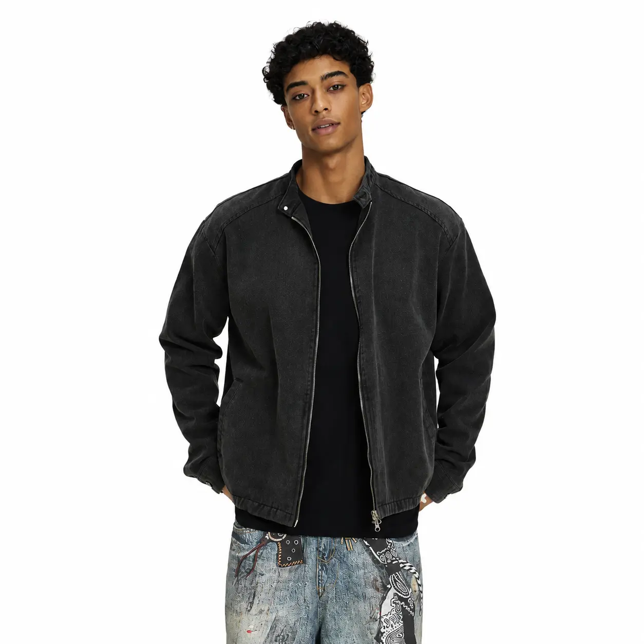 Men’s Vintage Distressed Stand Collar Jacket - Heavyweight Boxy Cropped Zip-Up Washed Cotton Blend Outerwear, Loose Fit Streetwear Jacket for Fall Winter