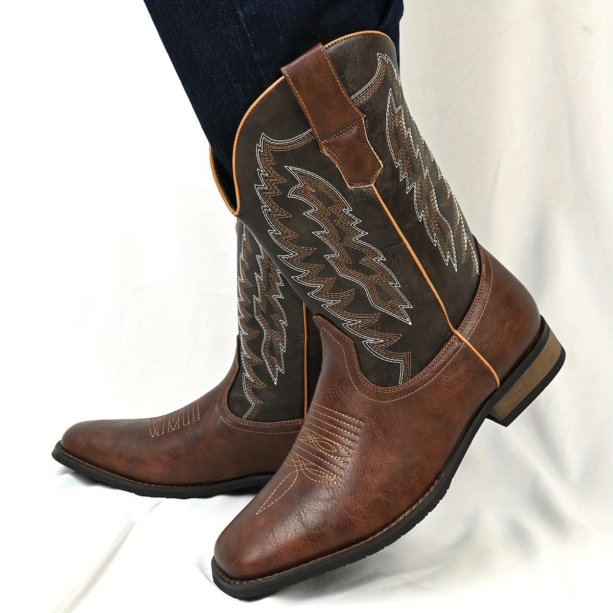 Men's Square Toe Roper Boots, Western Cowboy Boots Embroidered Mid-Calf Roper Boots Walking Shoes Footwear