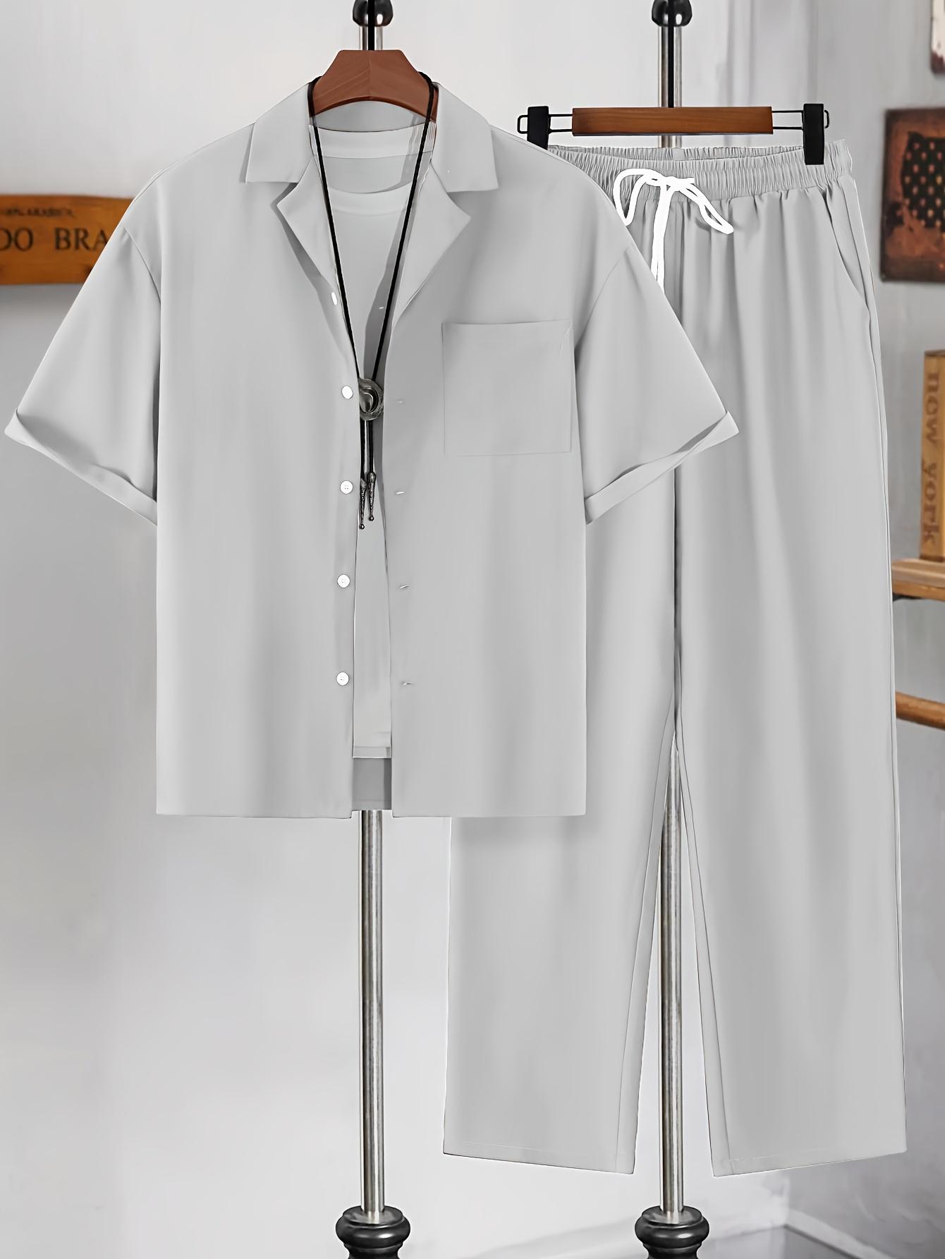 Men's Casual Set - Suit-Inspired Short Sleeve Shirt & Loose Straight Pants - Polyester, Machine Washable