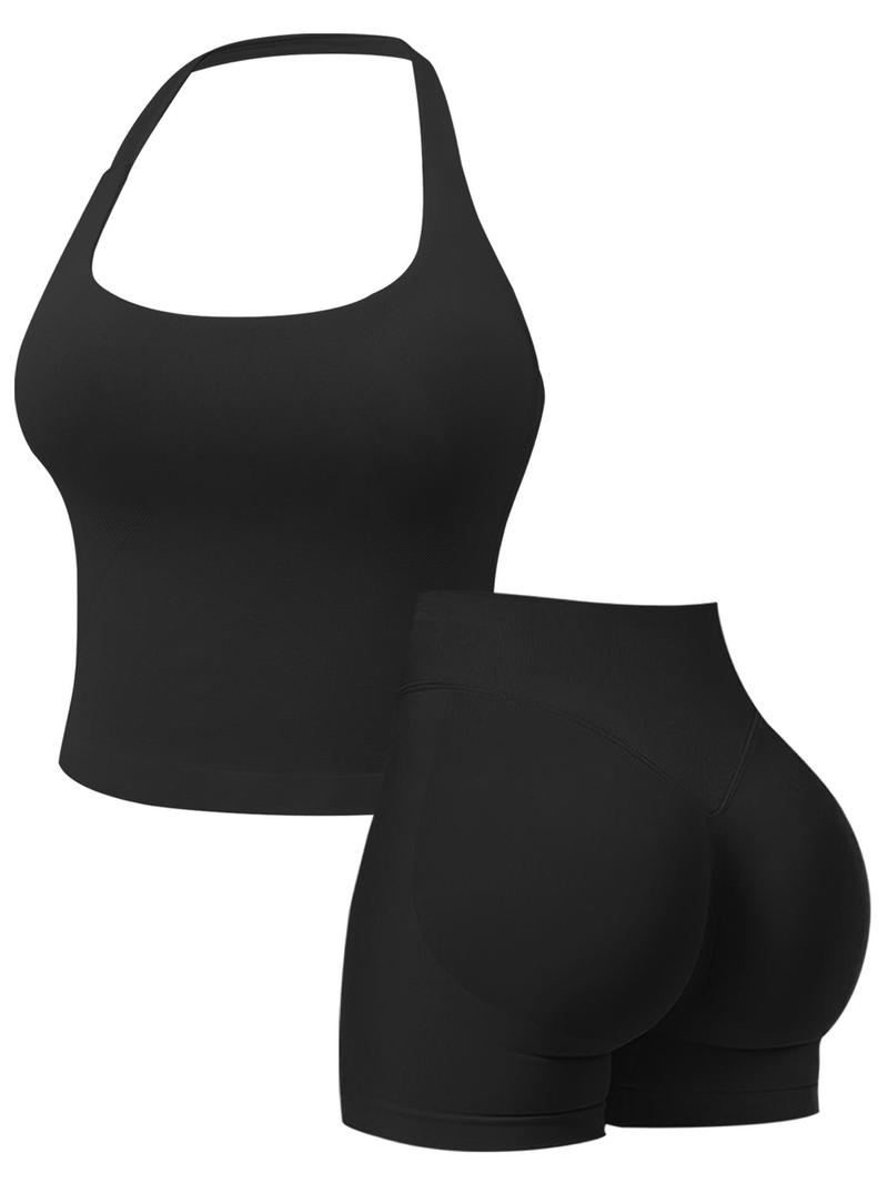 Women's Two-Piece Solid Color Halter Top & High Waist Shorts Sports Set, Sporty Breathable Quick Drying Outfits for Yoga, Gym Workouts and Running, Ladies Sportswear for Summer, Pilates Yoga Wear