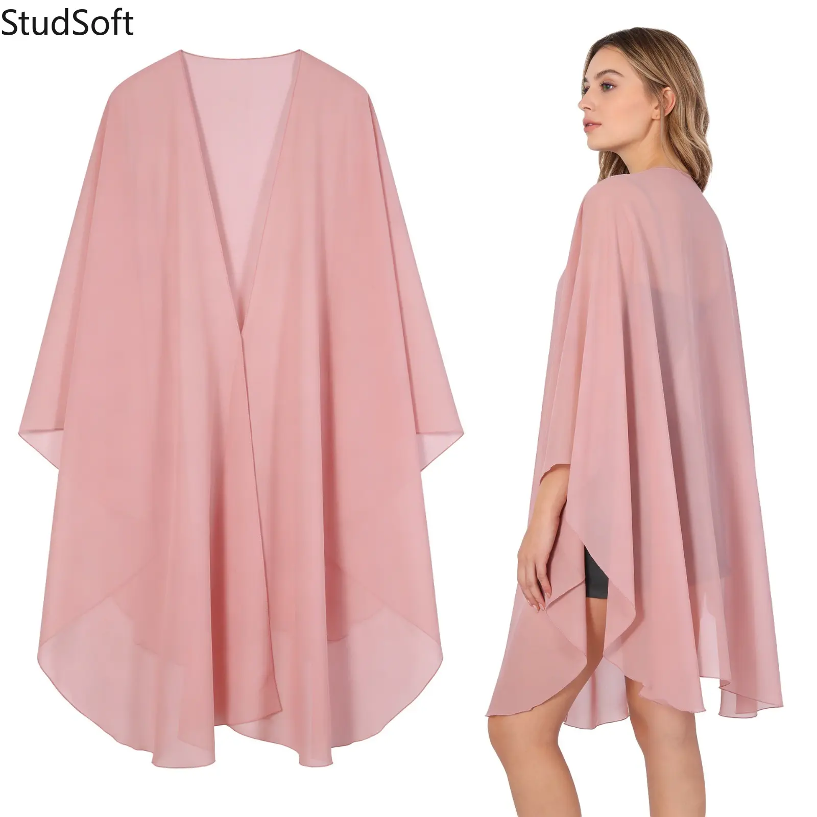 Women's Long Sheer Chiffon Kimono Cardigan, Lightweight Loose Fit Open Front Cover Up, Basic Dressy Wrap for Summer Beach and Parties