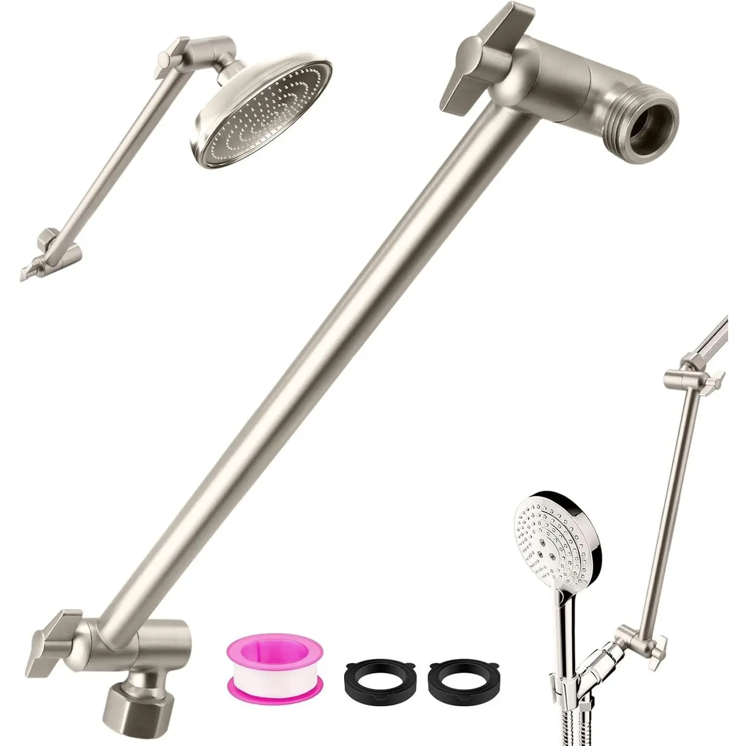12-In Adjustable Stainless Steel Rain Shower Head Extension Arm with G1/2 Thread Universal Connector, Brushed Nickel Holder