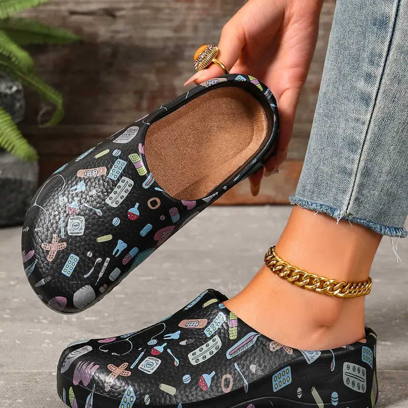 Women's Fashion Cartoon Print Mule Shoes, Lightweight Eva Material, All-Season Closed-Toe Platform Thick Soled Mules, Casual Clogs, Casual Foot Clogs, Ideal for Beach and Garden, Garden Clogs