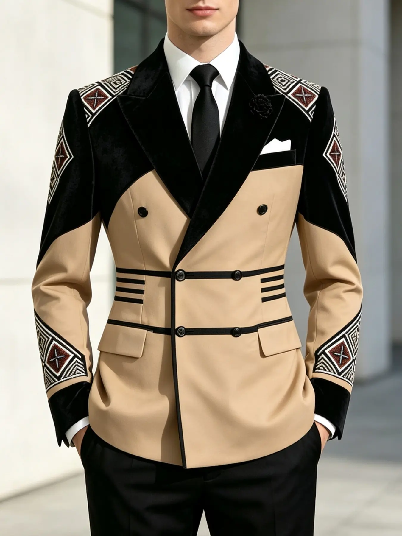 Ainwear Men Color Block Double Breasted Blazer Suit Jacket, Ethnic Geometric Print, Slim Fit, Casual Style, Ideal for Weddings & Parties