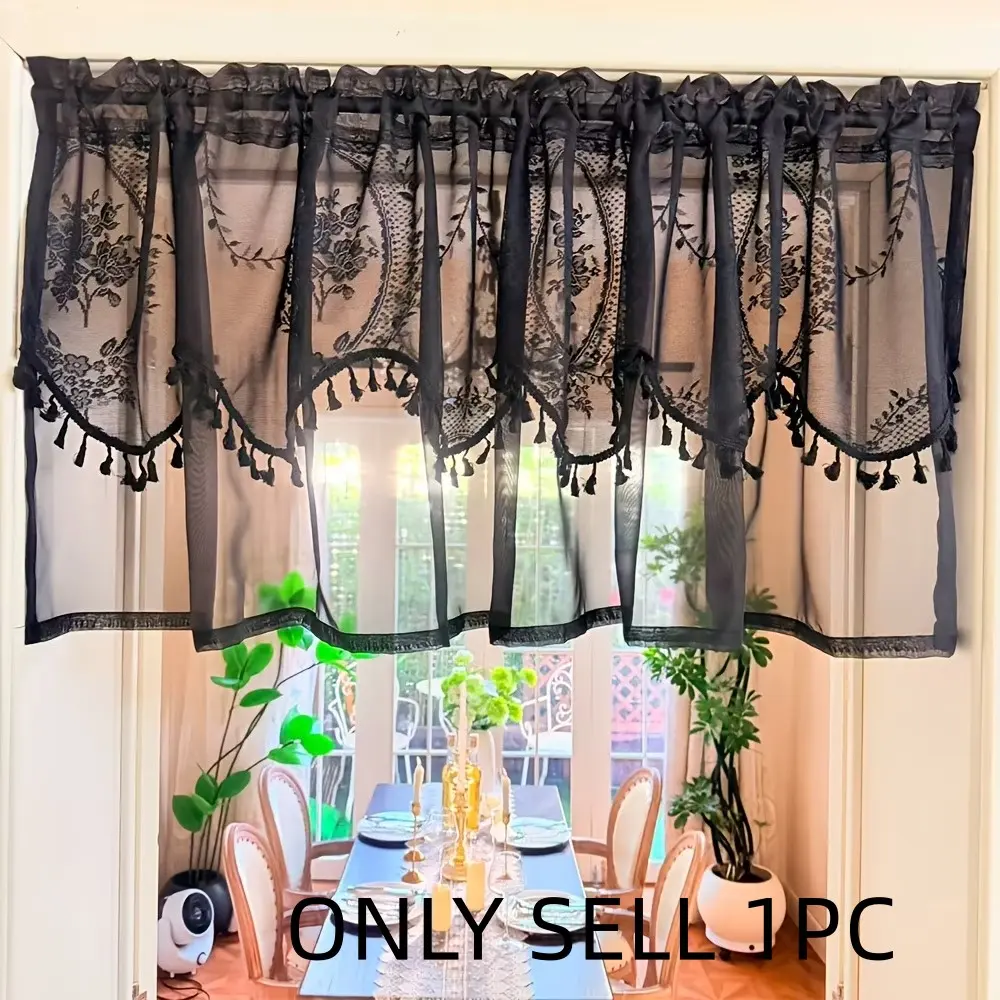 1pc Wave Fringe Semi-Transparent Short Drapes, Kitchen Coffee Corner Decorative Curtains, Hostel Bay Window Short Curtains, Minimalist Style