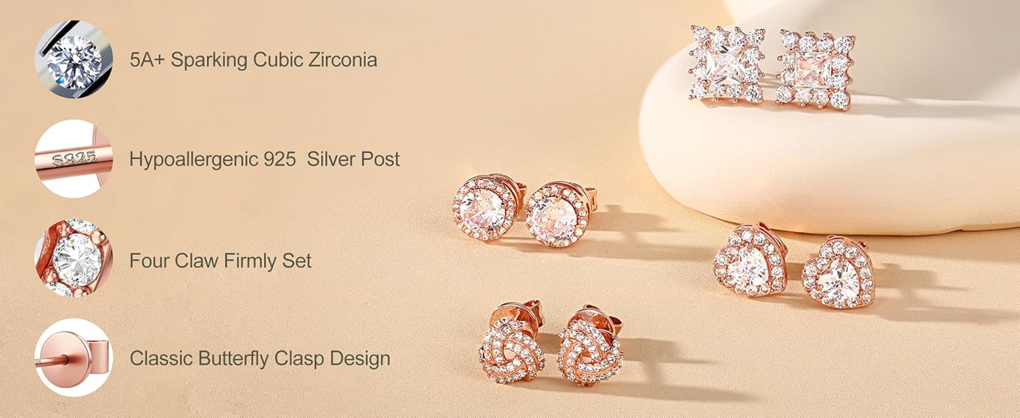 Trendy 4 Pairs Sterling Silver CZ Stud Earrings for Women 14K Gold Plated Brilliant Celtic Heart Big Stud Earrings Set Cubic Zirconia Earrings Studs for Sensitive Ear