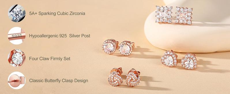 Trendy 4 Pairs Sterling Silver CZ Stud Earrings for Women 14K Gold Plated Brilliant Celtic Heart Big Stud Earrings Set Cubic Zirconia Earrings Studs for Sensitive Ear