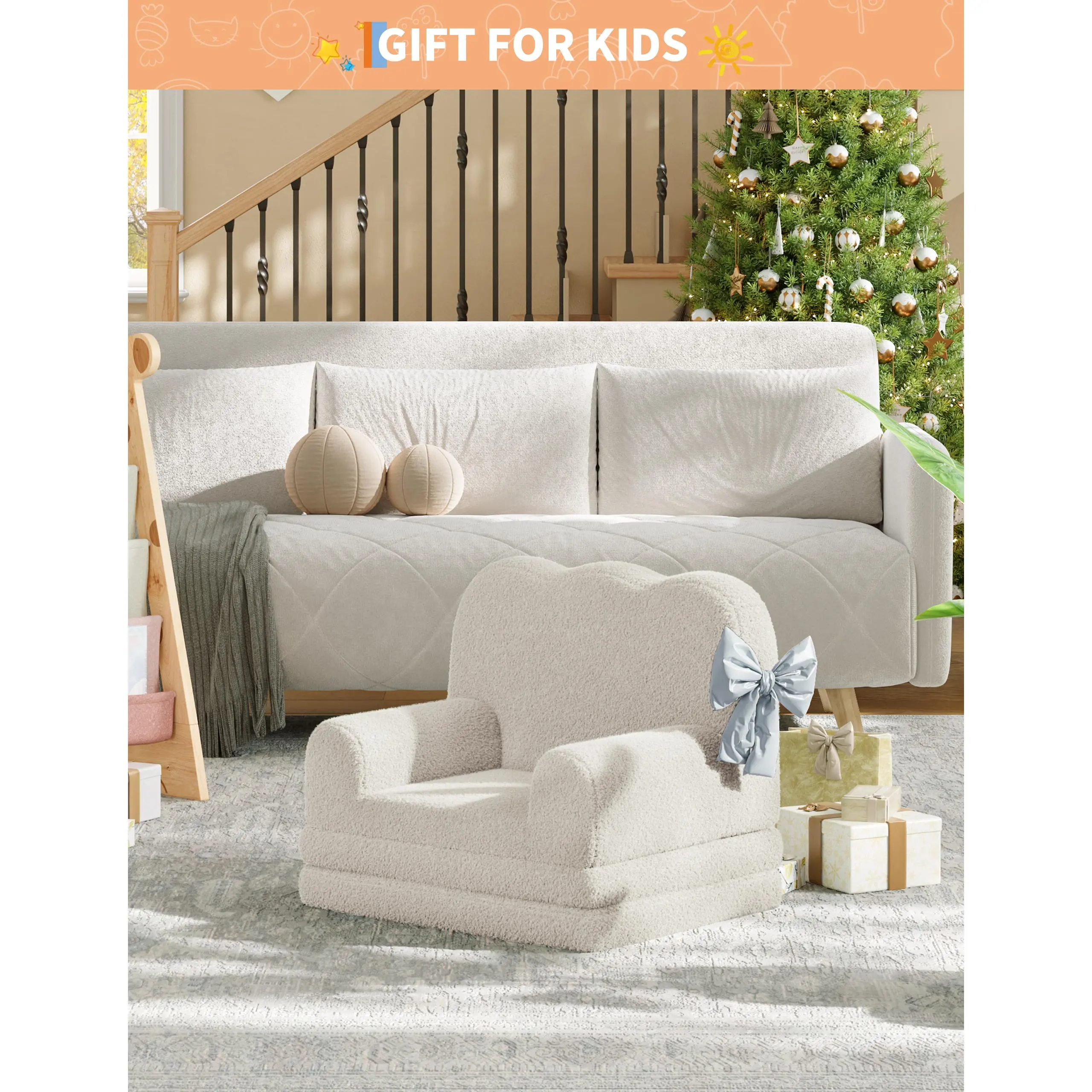 Toddler Size 2-in-1 Convertible Kids Couch - Soft Fold-Out Chair, Comfy Foam Cushion, Machine Wash Cover, Non-Slip Base - Ideal for Playroom, Nursery