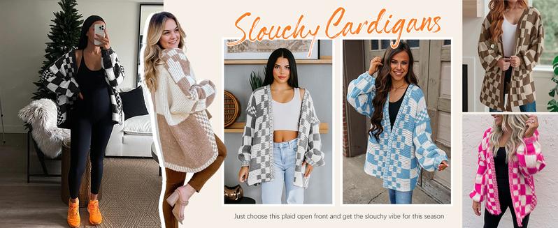 Imily Bela Womens Checkered Sweater Color Block Plaid Cardigans Oversized Long Sleeve Knit Open Front Coats