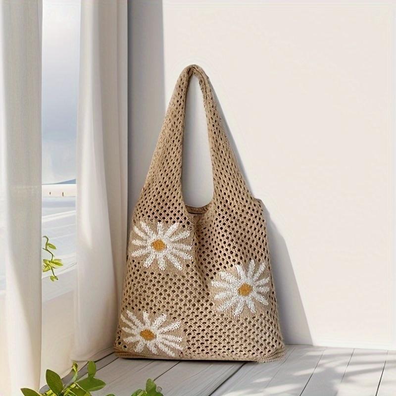 Crochet Shoulder Bag for Women with Floral Embossed Sunflower Design Beige Polyester Open-Top Tote Bag Spacious Bohemian Style Casual Handbag for Beach Outings 4 Seasons  Organiser