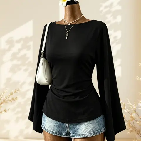 Women's Plain Boat Neck Flared Long Sleeve Elegant Shirt, Casual Fitted T-Shirt, All Seasons, Without Button or Collar, Unlined, Casual Comfy Clothes