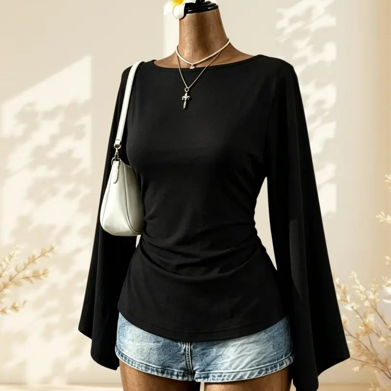 Women's Plain Boat Neck Flared Long Sleeve Elegant Shirt, Casual Fitted T-Shirt, All Seasons, Without Button or Collar, Unlined, Casual Comfy Clothes