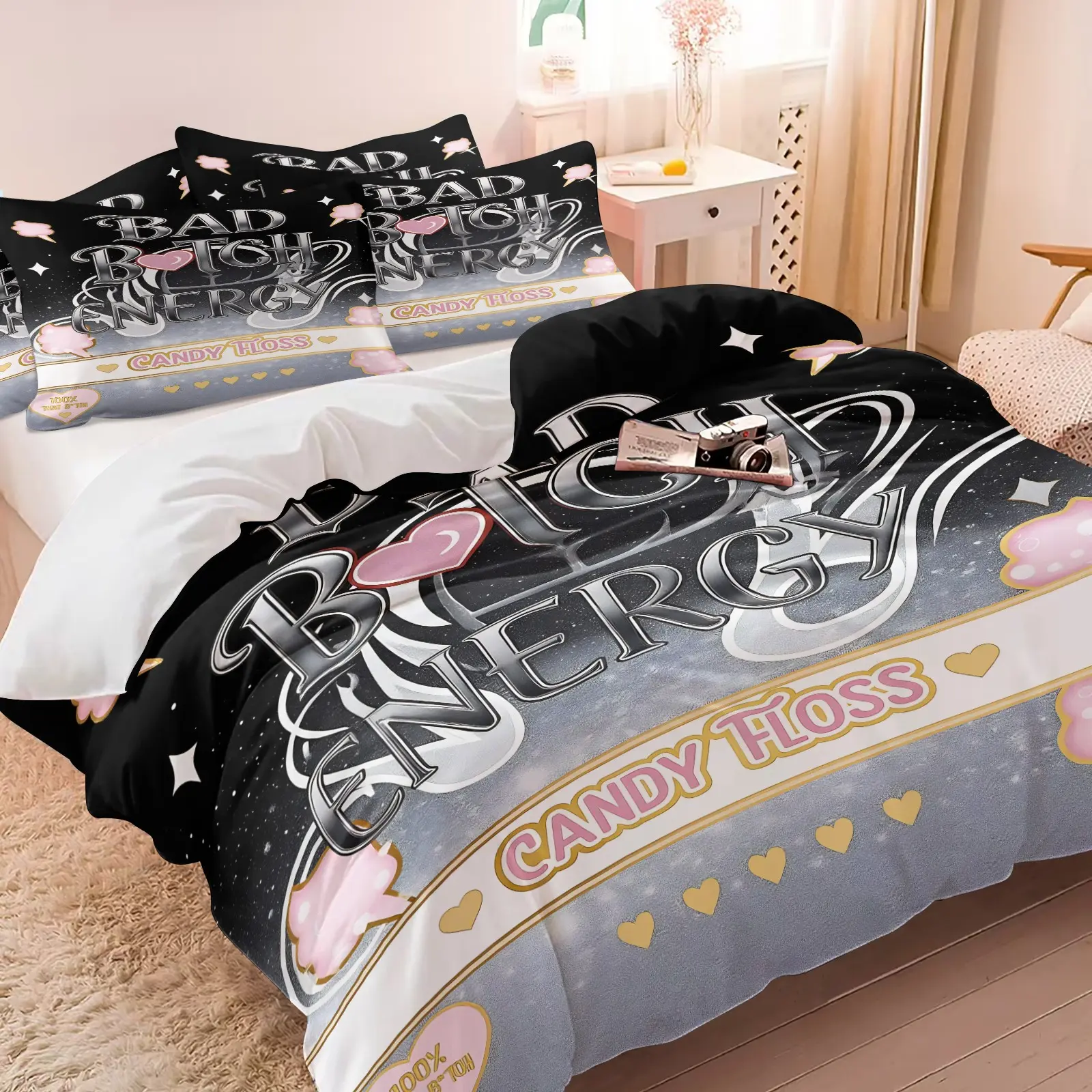 Y2K Pink Heart Candy Floss Duvet Cover Set, 1 Duvet Cover & 1/2 Pillowcase No Filling, Soft Microfiber Bedding Set, Streetwear Aesthetic Gift for Teens Women Bedroom Dorm Apartment Decor