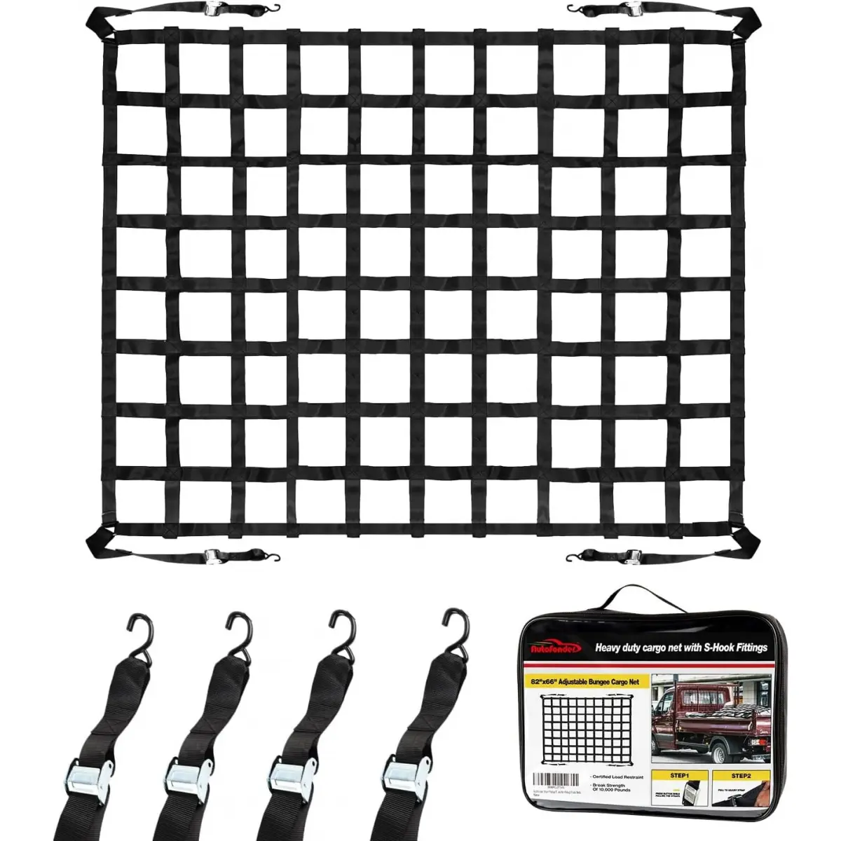 Heavy Duty Pickup Truck Bed Cargo Net, 66"x82" Polyester Mesh Snag-Free Netting with 2" Wide Straps + Bag, S-Hook Fittings for Pickup Beds, SUV, Car Trailer, Small Trunk Automotive Carrier