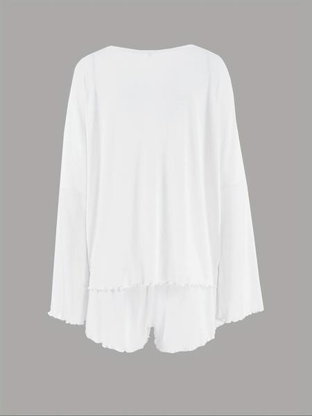 Women's Solid Color Long Sleeve T-Shirt and Shorts Loungewear Set, Comfortable Sleepwear for All Seasons, Homewear and Pjs for Women