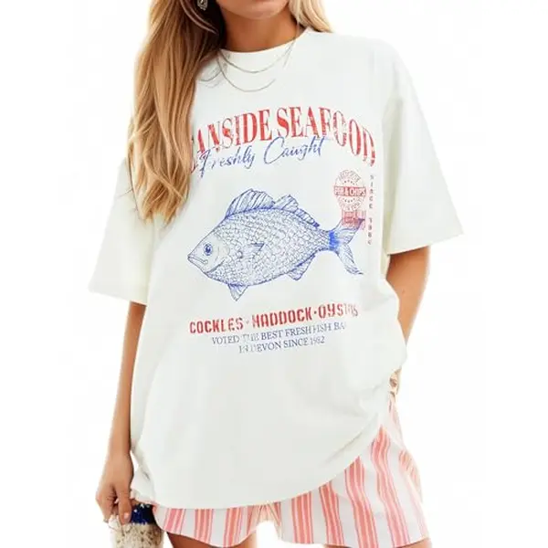 Oversized Short Sleeve T Shirt for Women Seafood Fish Graphic Print Summer Casual Crew Neck Tee Soft Comfy Daily Wear Top Perfect for Beach Vacation Outdoor Street Outfits
