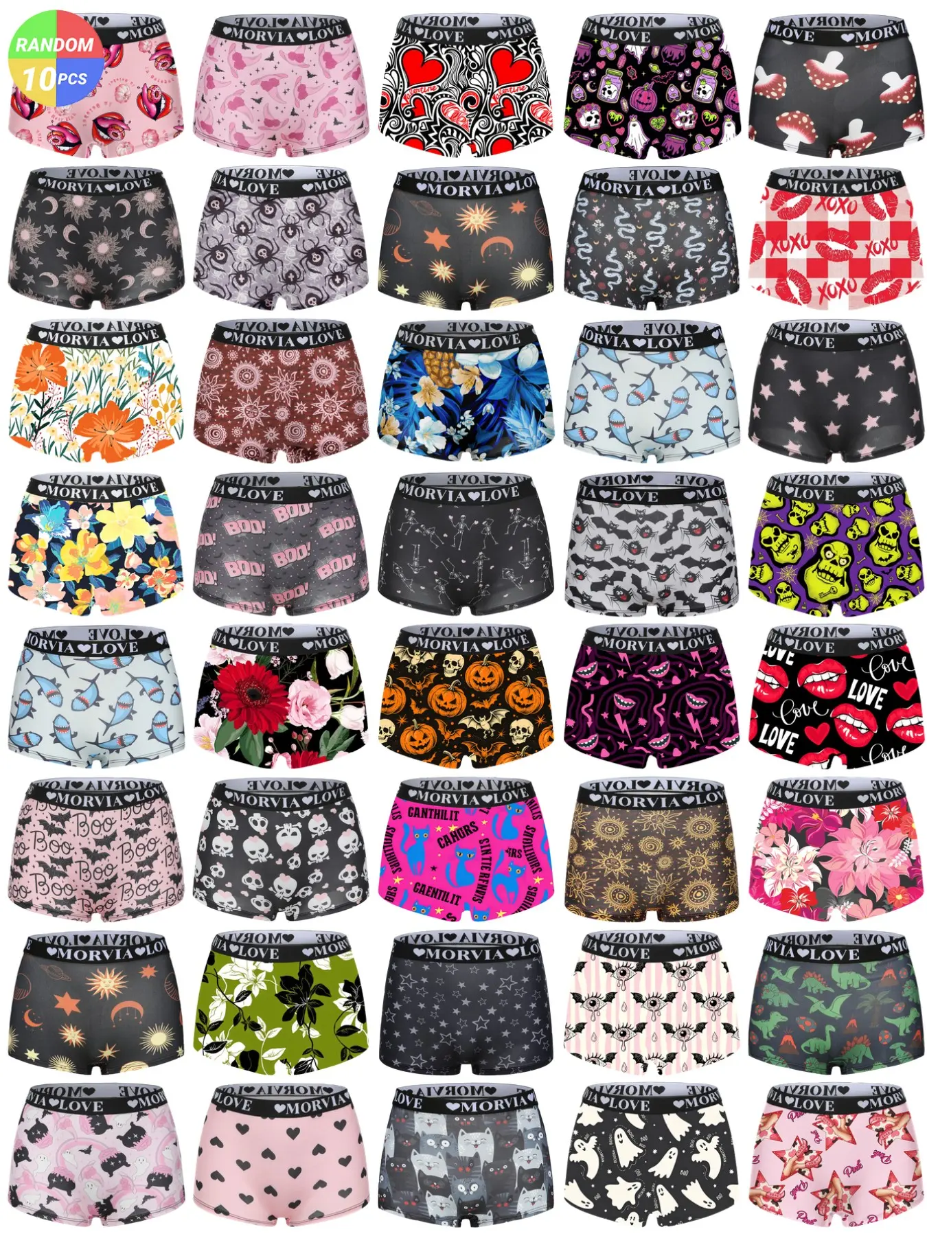 Morvia 10pcs Halloween Themed Boyshorts Panties, Comfortable Stretch Waist, All-Over Print, Casual Fitted Underwear, Guess What You'll Get!