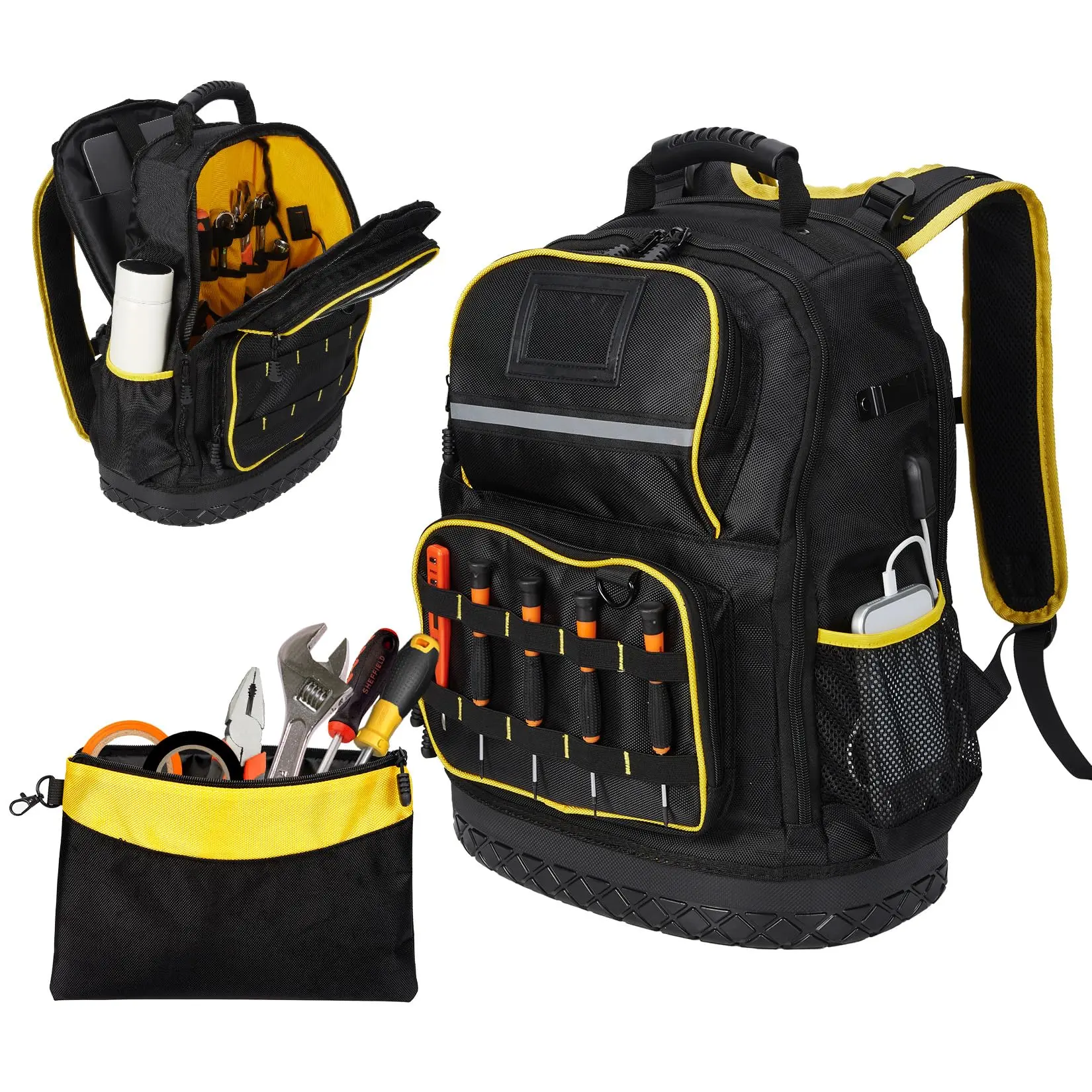 GAOMON Heavy Duty Tool Backpack with Hard Bottom, 18-Inch Oxford Fabric Bag for Men, Water-Resistant Construction Worker Backpack with Multiple Pockets, Laptop Sleeve & Tool Pouch, Durable Work Gear