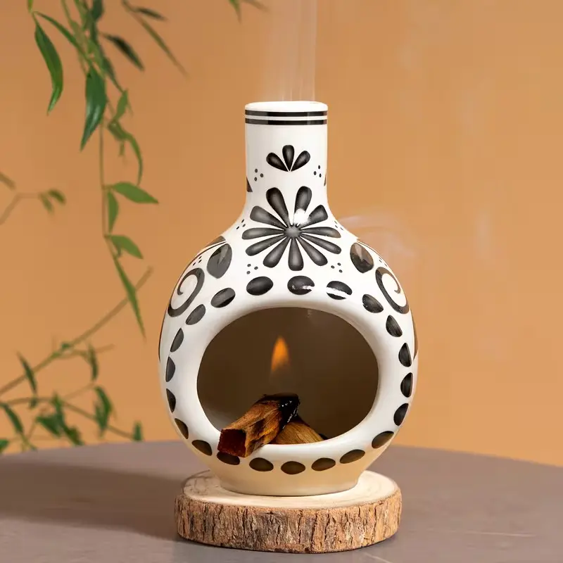 1PC Handmade Ceramic Palo Santo Holder Mini Chimenea Incense Burner Boho Floral Hand Painted Sage Dish for Meditation Yoga Home Decor Housewarming Gift
