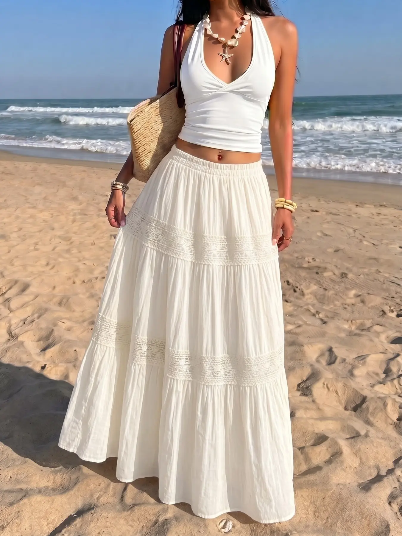 Boho Coastal Solid Cream White Lace Tiered Maxi Skirt for Women, Feminine, Elastic High Waist Crinkle Flowy Ruffle Floor Length Skirt Outdoor Beach Wedding Guest Brunch Summer Resort Casual, Bohemian