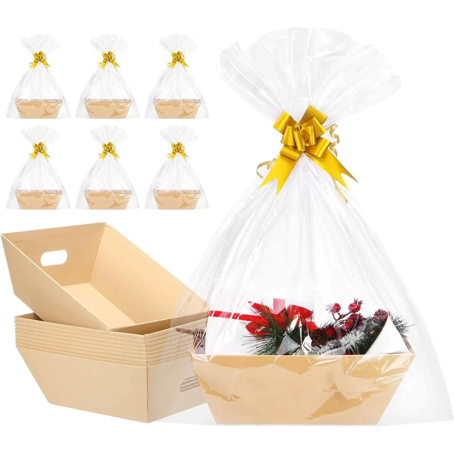10PACK Baskets For Gifts Empty, 10x12”Thick Kraft Gift Basket with 10 Bows 10 Bags Empty Gift Baskets for Christmas, Valentine’s Day, Easter, Birthdays, Snacks, Farmers Market