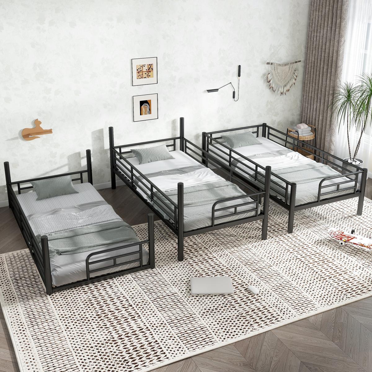 Twin/Queen Triple Bunk Bed, Metal Triple Bunk Bed with Safety Guardrails, Heavy-Duty Bunk Bed with Noise-Reduced Design – Black/White