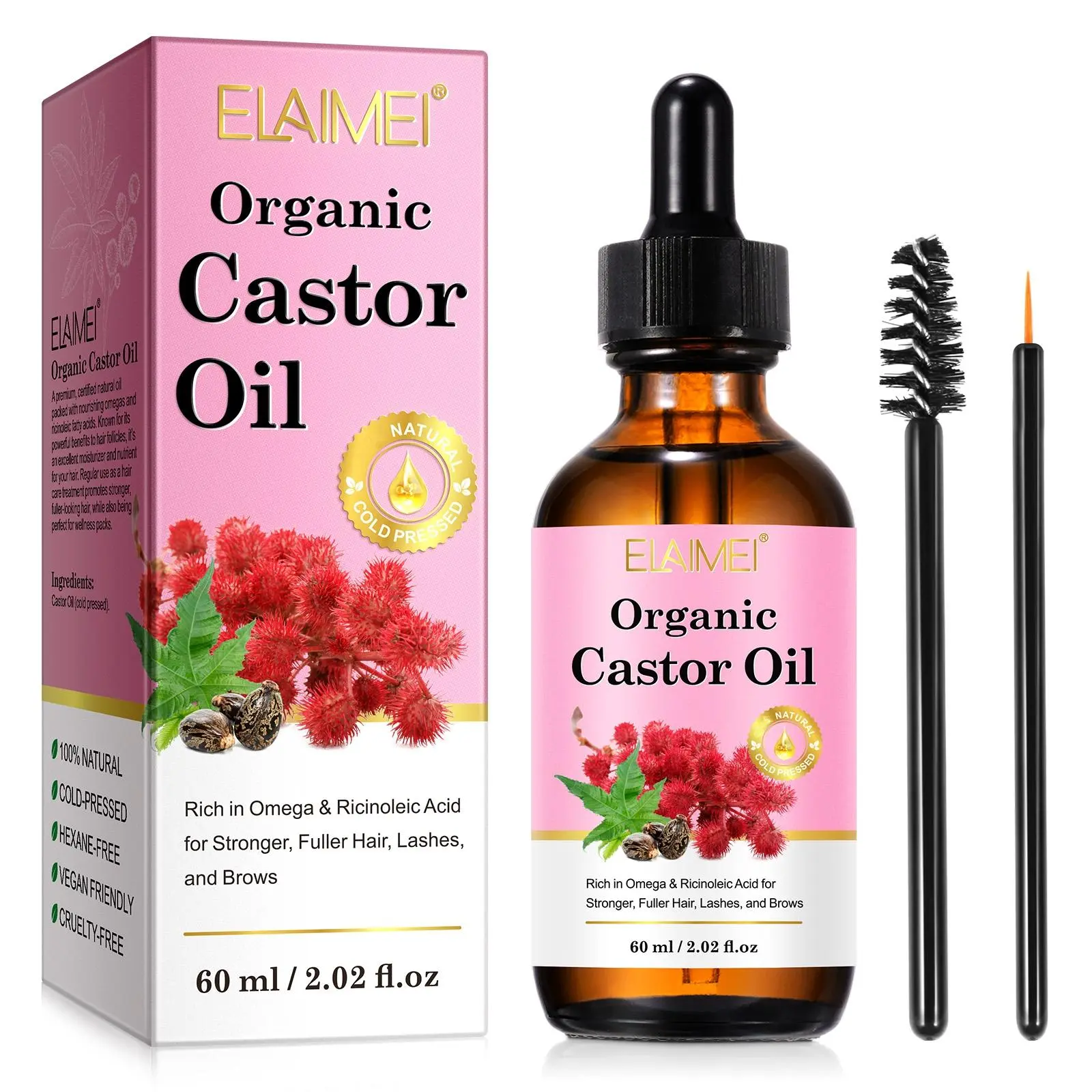 ELAIMEI Castor Oil 60ML, Rich in Vitamin E and Omega-6 Fatty Acids, Deeply Nourishes Skin, Stimulates Hair Growth, Reduces Dandruff