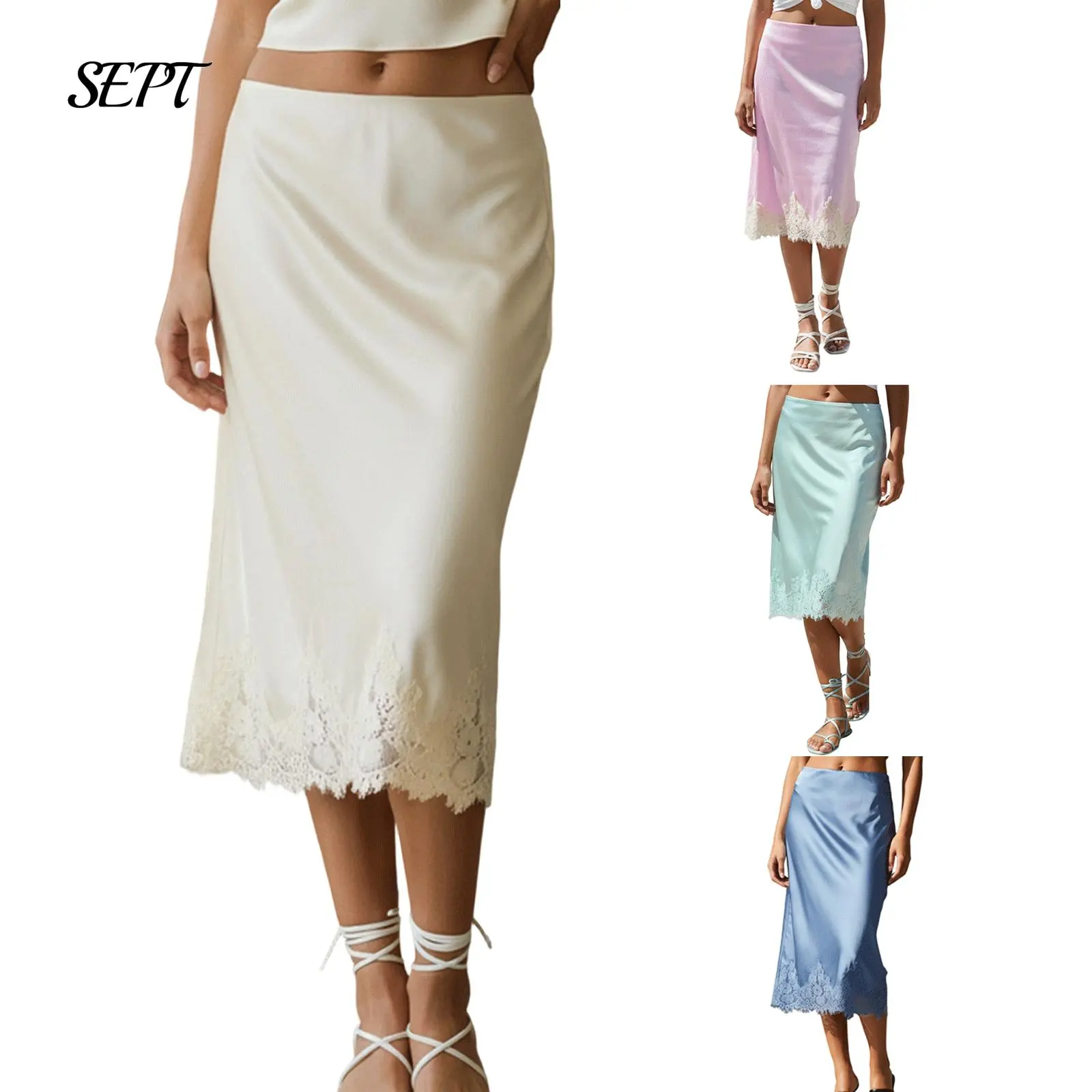 Women Silk Satin Half Slip Long Skirts Lace Patchwork Elastic Waist Long Skirt Elegant Silky Flowy A Line Midi