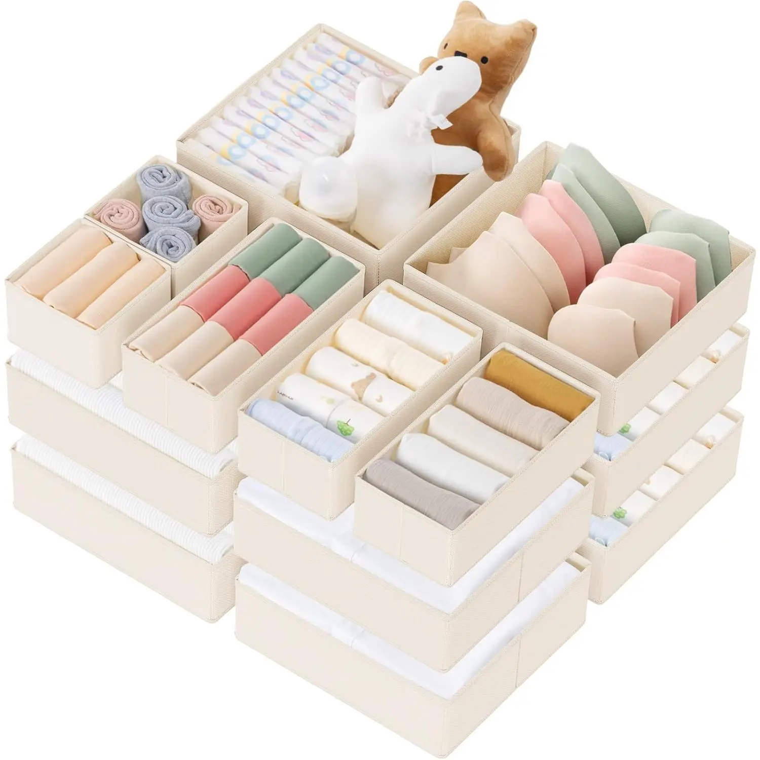 21-Pack Beige Foldable Drawer Organizer Bins - Closet Storage Dividers for Baby Clothes, Underwear, Socks - Nursery, Bedroom Organization Solutions, Insert, Boxes, Plastic