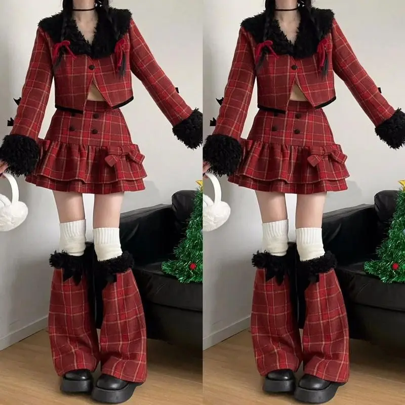 Winter Vintage Tweed Skirt Suit Gothic Y2k Girl Cropped Coat Tops High Waist Ruffle Mini Plaid Skirt Leg Covers Set Women Outfit Clothes Womenswear