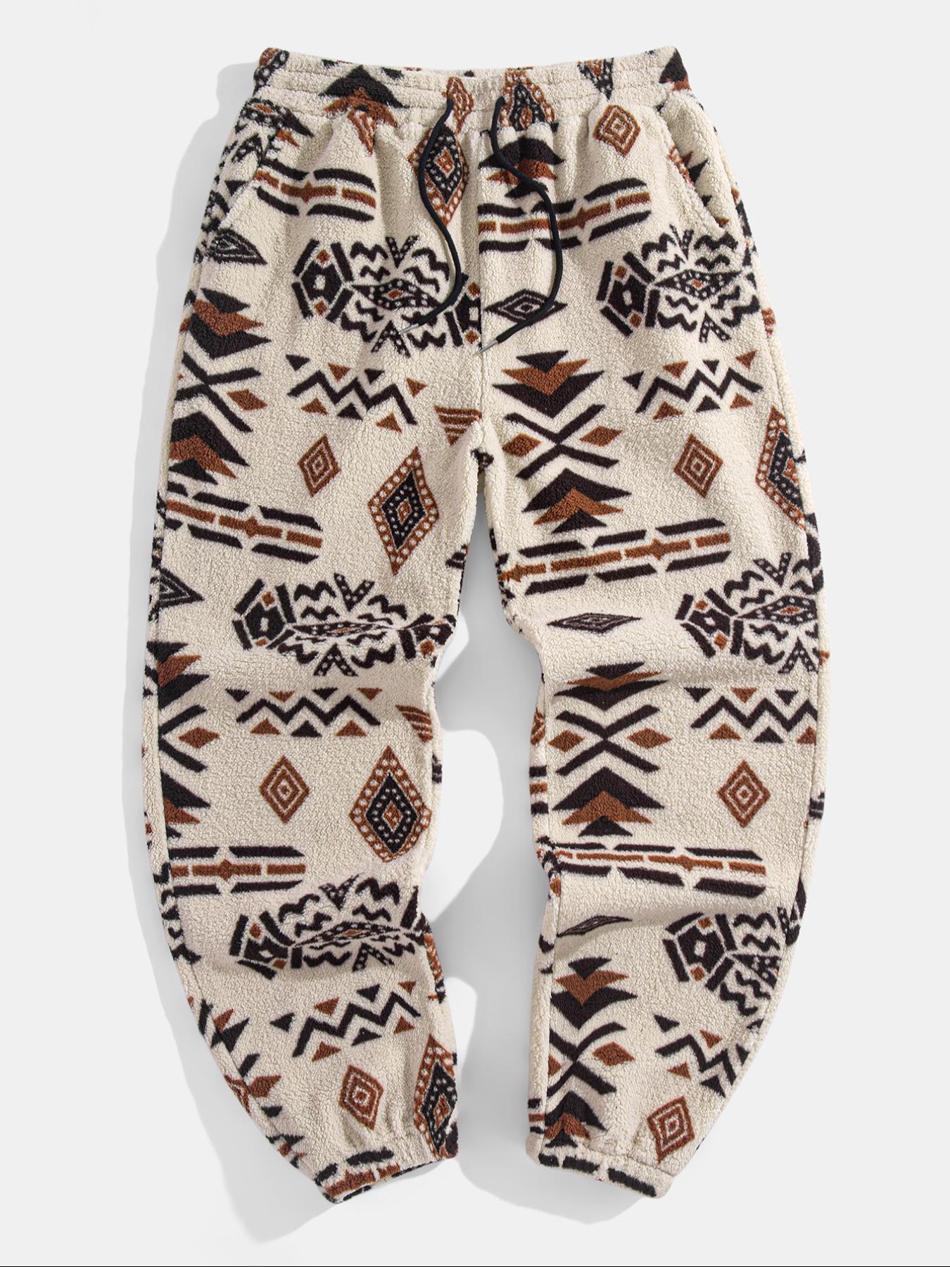Men's Random Ethnic Pattern Drawstring Waist Thermal Pants, Loose Casual Pocket Design Bohemian Street Trousers for Fall & Winter, Men's Bottoms for Daily Wear