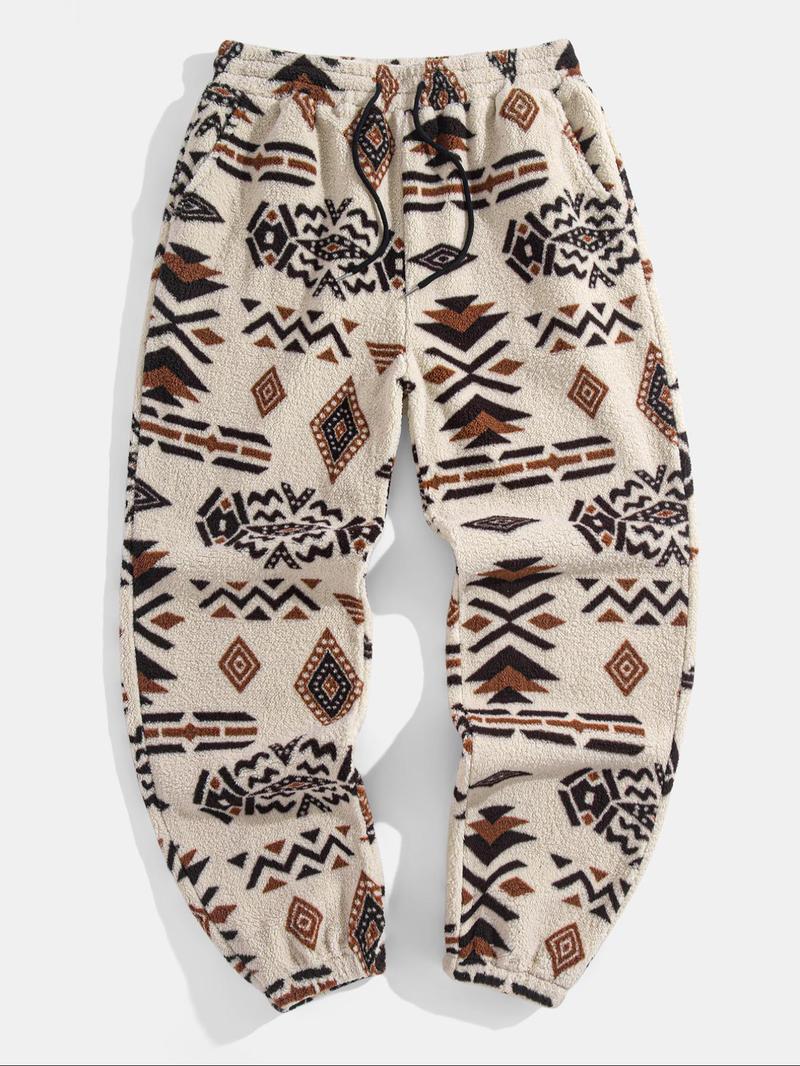Men's Random Ethnic Pattern Drawstring Waist Thermal Pants, Loose Casual Pocket Design Bohemian Street Trousers for Fall & Winter, Men's Bottoms for Daily Wear