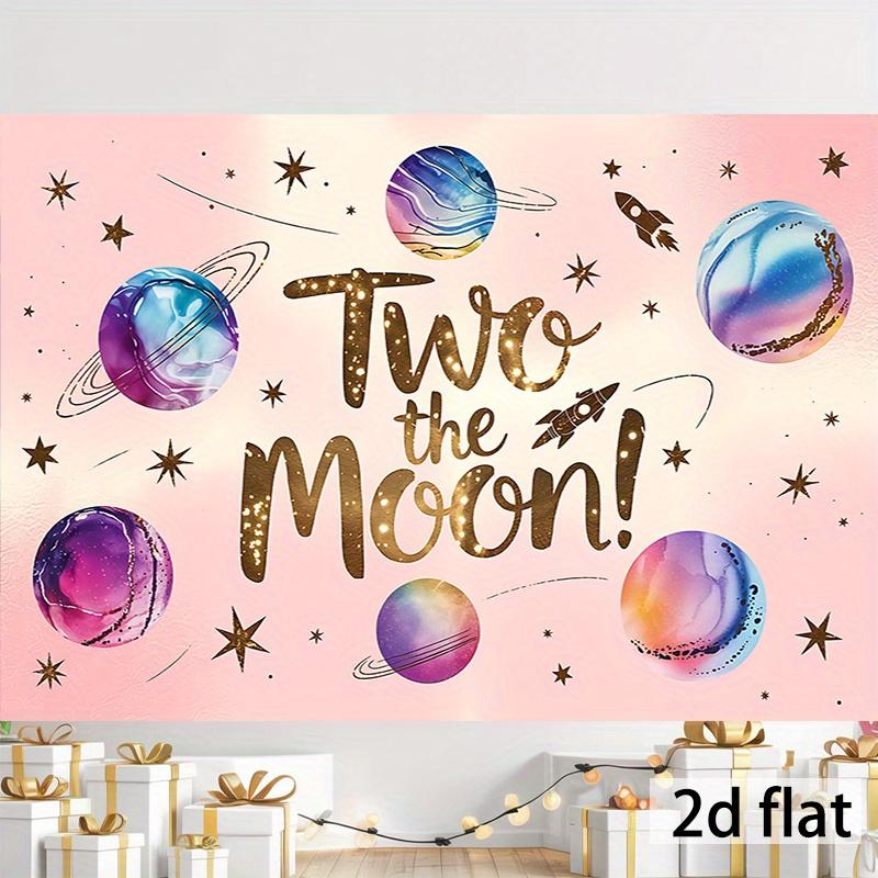 1pc Two the Moon! Birthday Party Banner - Vibrant Pink with Golden Glittery Text, Planets & Stars Design - Durable Polyester Backdrop for Classroom, Office, Photo Booths & Home Decor - Perfect for Second Bir