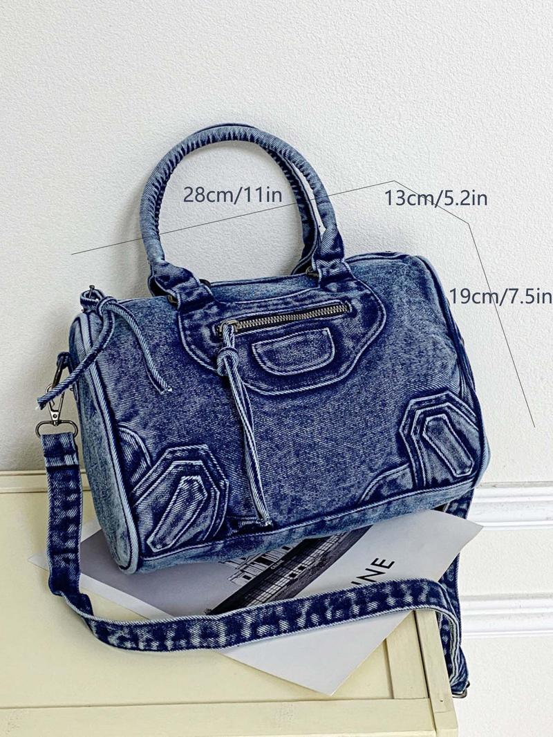 Women's Fashionable Denim Boston Bag, Casual Large Capacity Crossbody Bag for Daily Used, Trendy All-match Commuter Bag, Denim Shoulder Bag, Ladies Purse