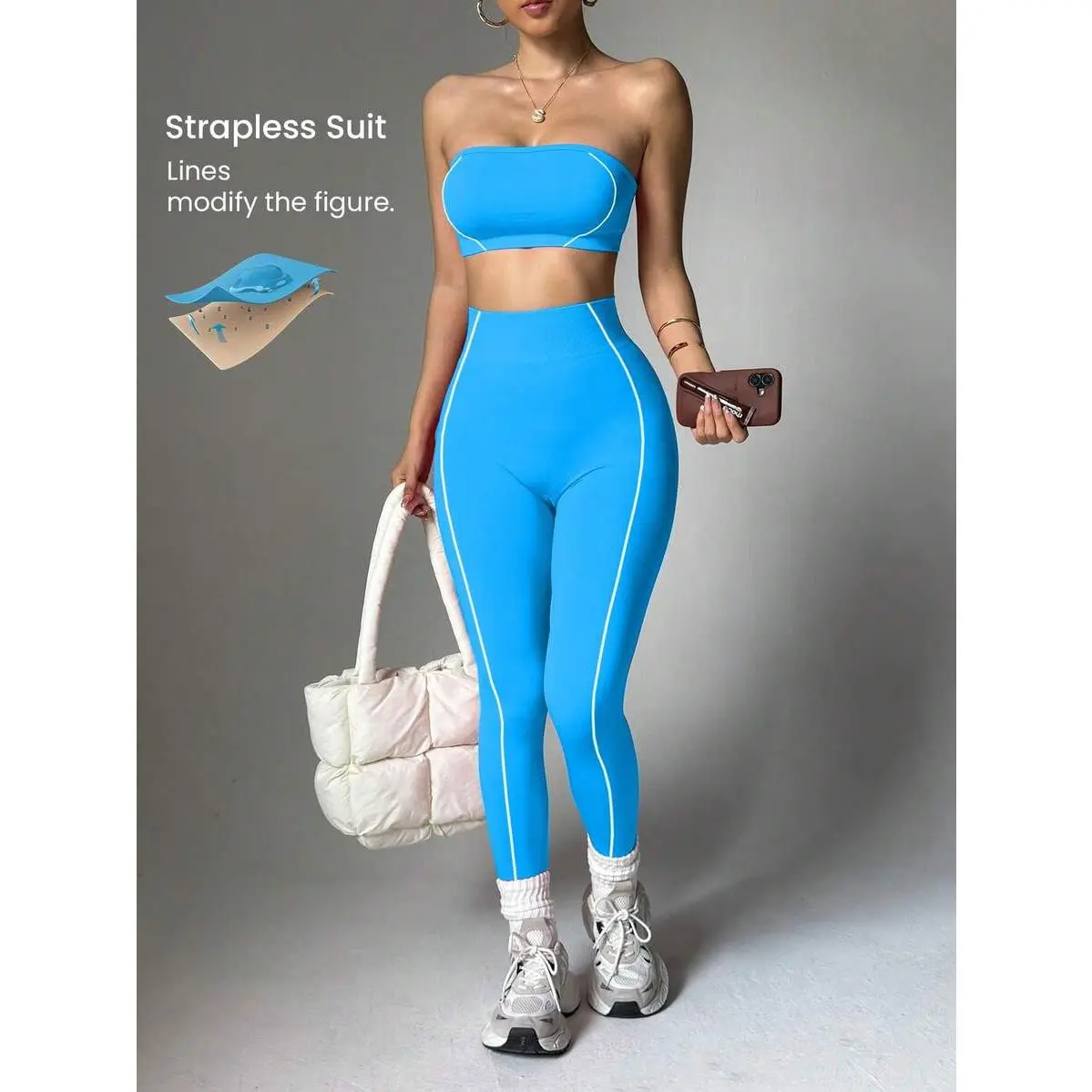 Women's Buttery Soft Seamless Blue White Striped 2-Piece Athleisure Set - Strapless Bandeau Top, Leggings for Workout Gym, Stylish Daily Outfit, Strapless Top, Lingerie Set