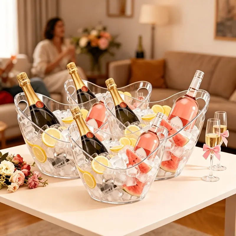 1.06/2.11gal-4pcs Clear Acrylic Ice Bucket For Parties, Large Capacity Plastic Ice Bucket For Beer Wine Champagne, Free 2 Ice Scoops Included, Food-Safe Ice Bucket For Bar, Pool, Beach, BBQ, Home, Kitchen, Perfect For Fruits, Salads, Snacks, Drinks,