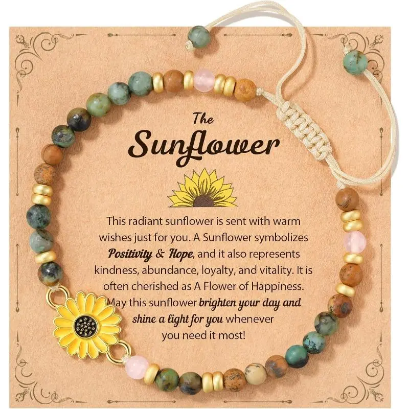 Women's Sunflower Bracelet with Rose Quartz, African Turquoise & Picture Jasper Beads - Stainless Steel Jewelry for Women, Adjustable 6.5"-10.5", Uplifting Gift-Ready Pack, 6.5" To 10.5", Flower Bracelets & Bangles, Sunflower Motif, Best Friend, Birthday,