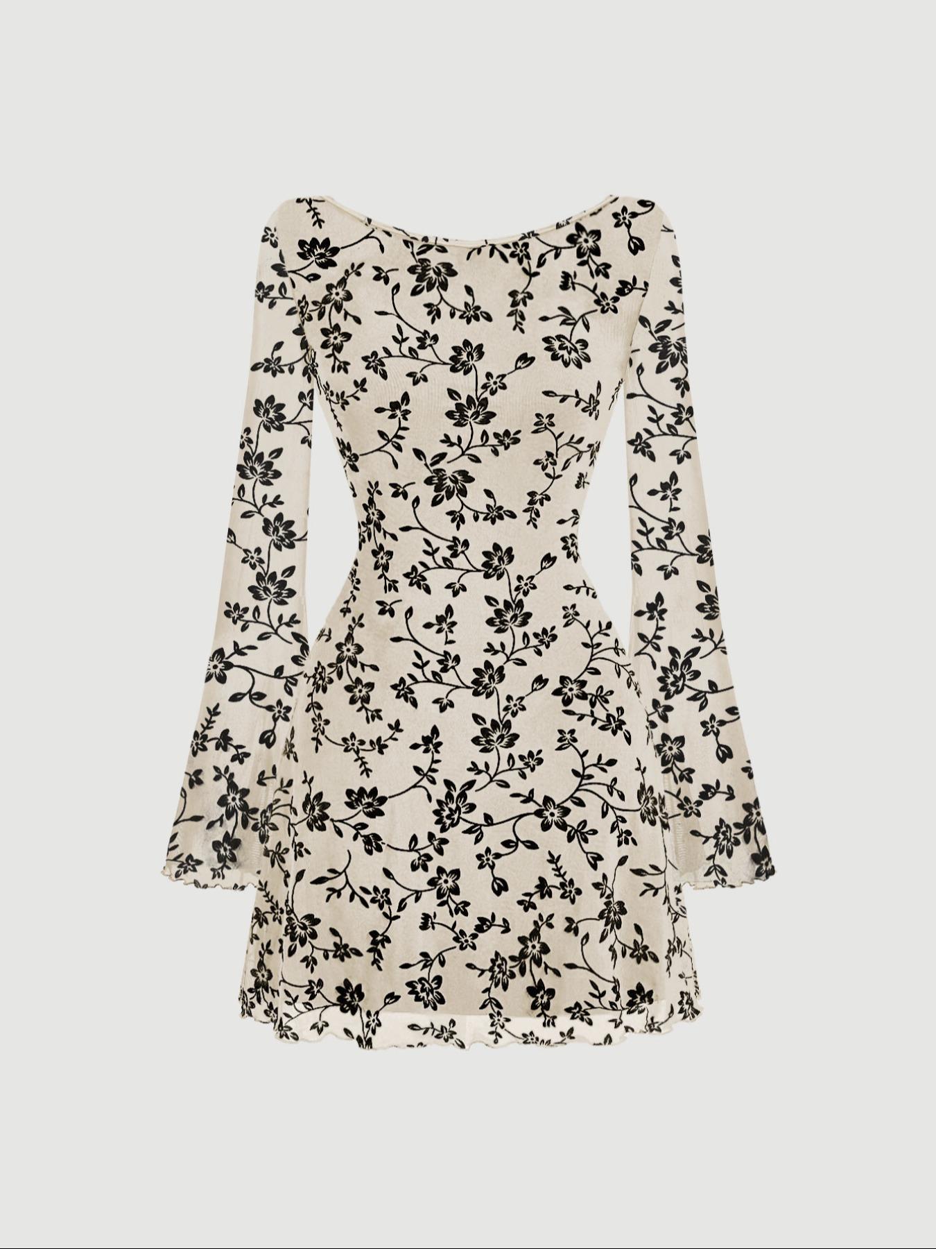 Women's Floral Print Backless Flounce Sleeve Dress, Elegant Round Neck Long Sleeve A Line Dress for Party Holiday Wedding Guest, Ladies Clothes, Womenswear