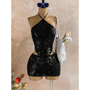 Women's Vacation Beach Sequin Backless Halter Top And Mini Skirt 2 Pieces Set