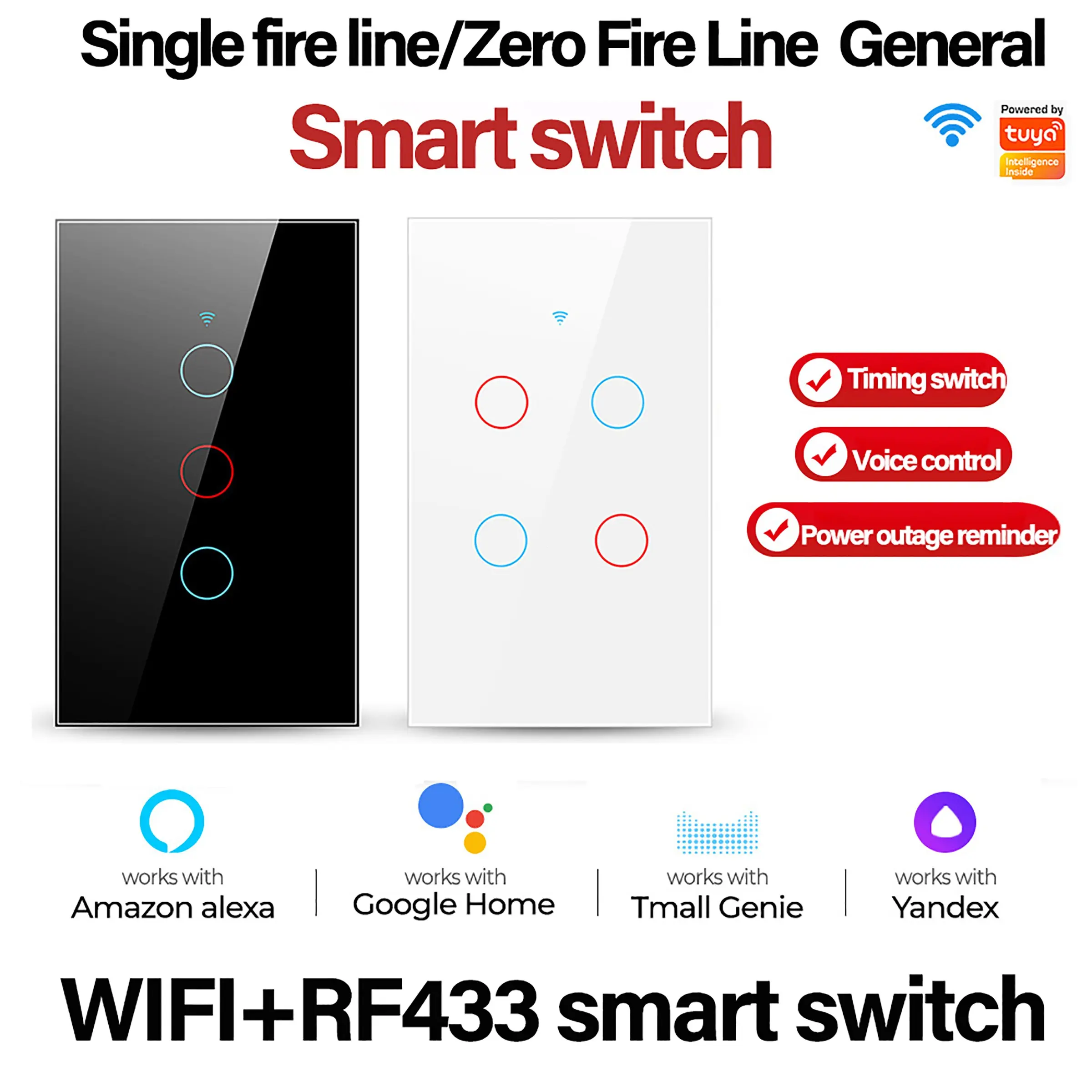 Tuya WiFi RF Wall Touch Light Switch, Single/zero Fire Line, Tempered Glass Smart Panel, APP Voice Control, Home Automation, Energy Saving