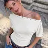 Solid Color Rivet Decor Single Shoulder Short Sleeve Slim Fit T-Shirt Top, Stylish Casual Wear, Perfect for Daily