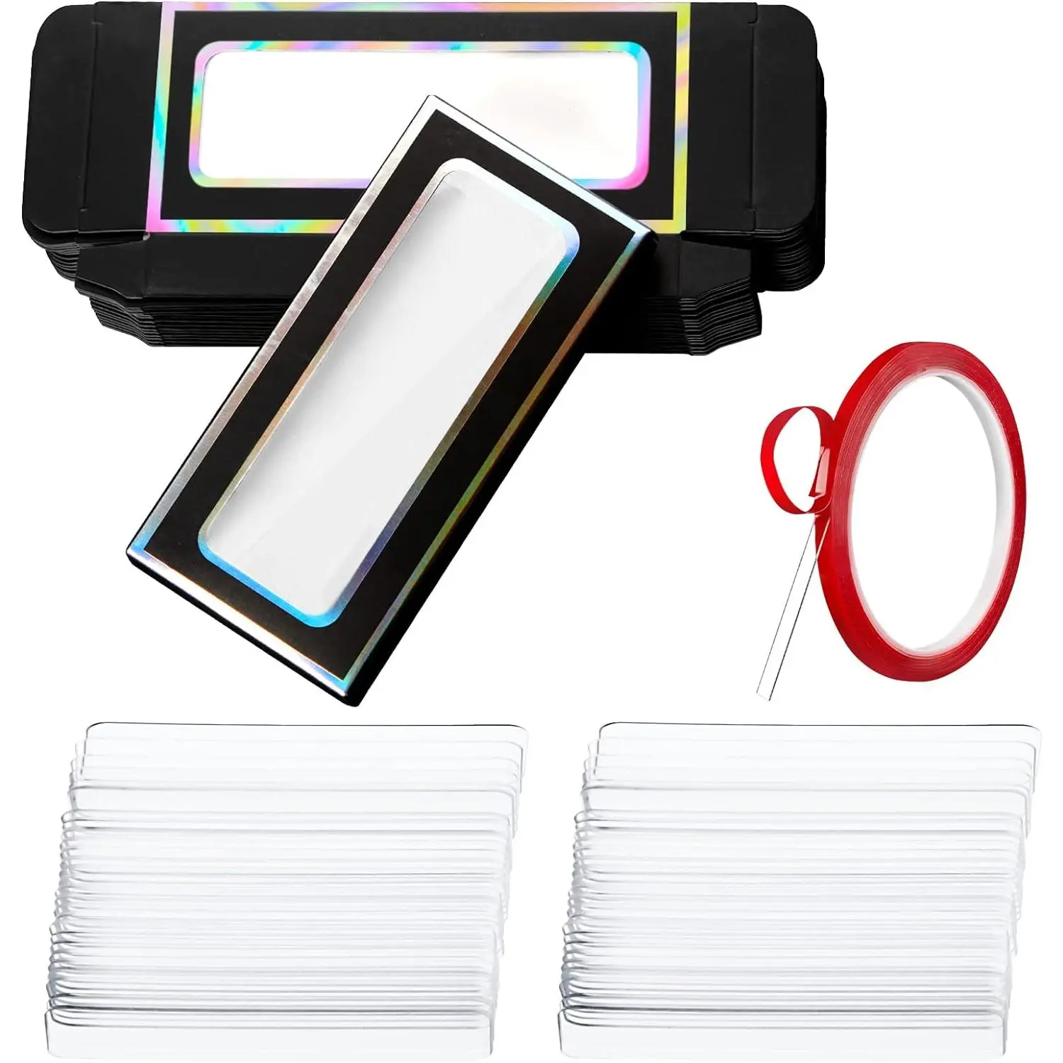 60 Pcs Empty Press on Nails Packaging Box Set 30 Clear Glitter Paper Eyelash Storage Box and 30 Acrylic Nail Display Stand Holder with 1 Red Double Sided Tapes for Salon Home Office