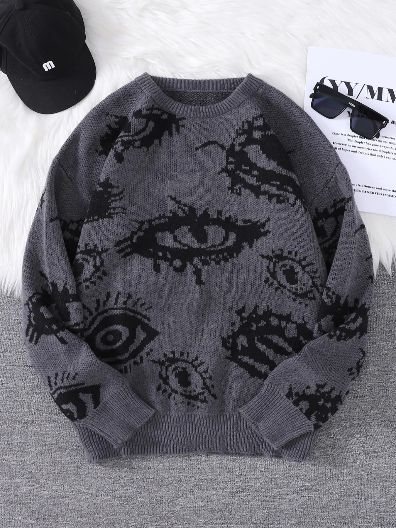 Men's Abstract Eye Pattern Knit Sweater, Round Neck Long Sleeve Pullover, Fitted, Fall Winter, Halloween Gift Idea