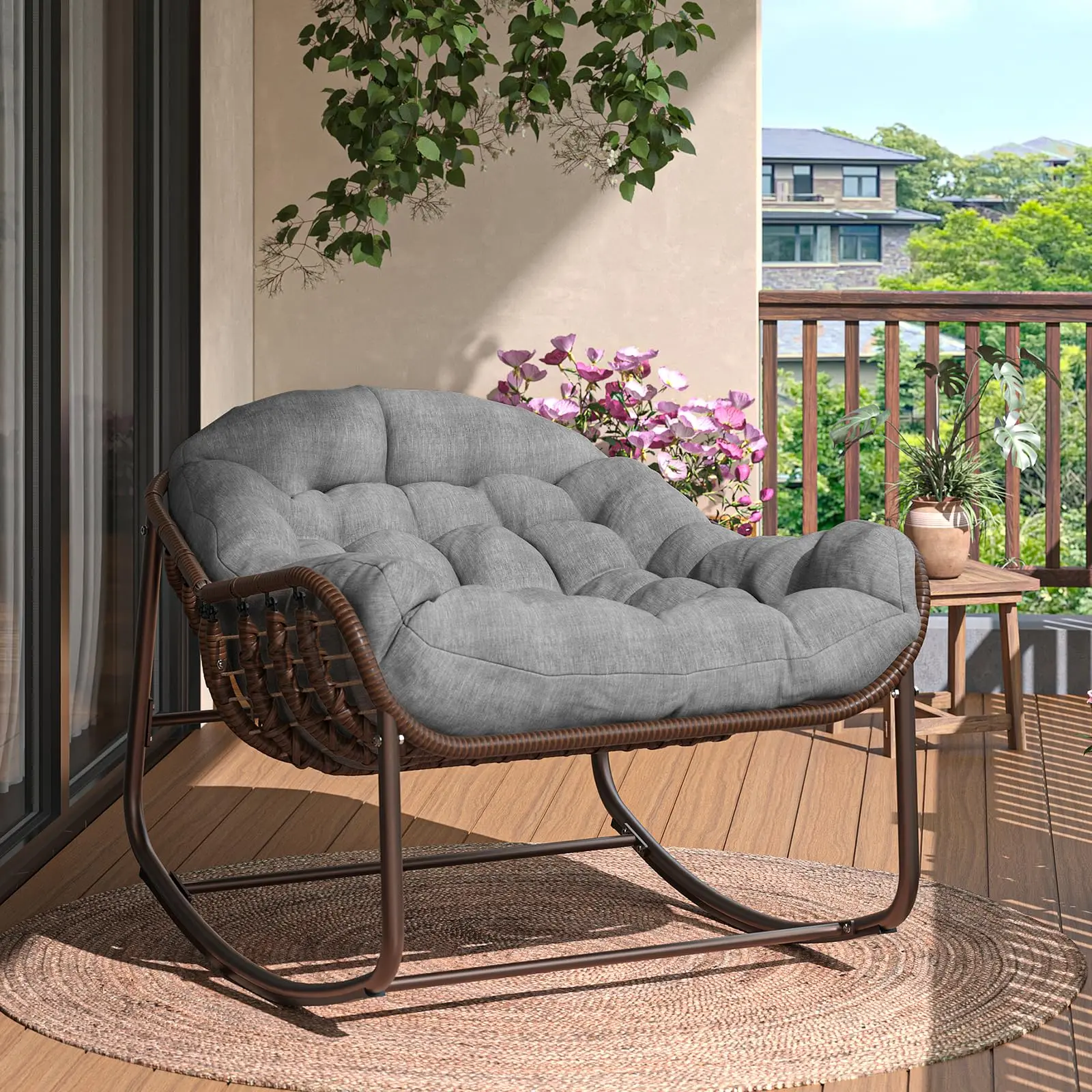 Garvee Oversized Rattan Wicker Single Seat Papasan Rocking Chair with Cushion, Heavy Duty Metal Frame Outdoor Lounge Chair for Patio, Bedroom Use, Grey, Oversized Lounge Chair, Heavy Duty Frame