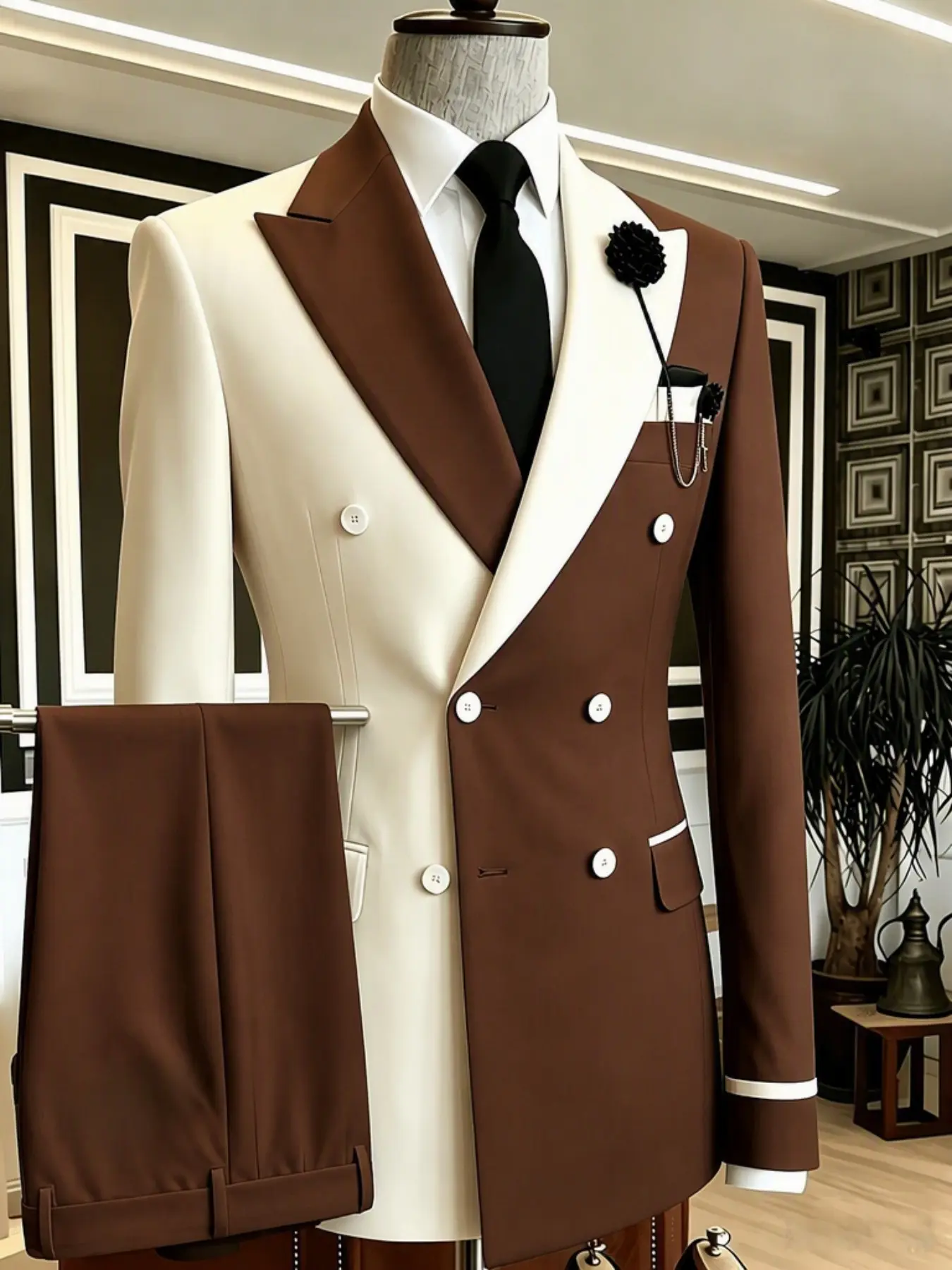 Ainwear Men's Block 2 Piece Suit, Double Breasted Blazer Jacket, Dark Dress Pants, Formal Wedding Prom Party Tuxedo