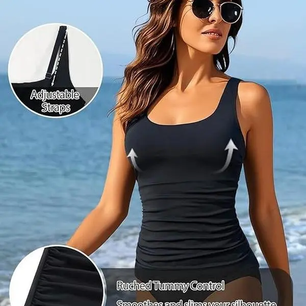 Women Slimming Compression Separate Swim Top, Tummy Control Ruched Bikini Tank Top, Stretch Quick Dry Separates Bathing Suit Top for Beach Pool